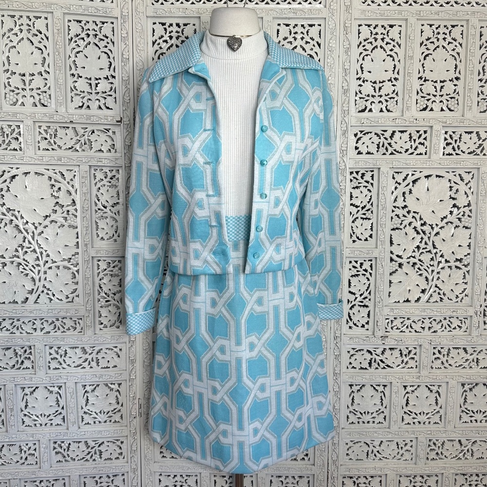 Vtg 60' Leslie Faye Knits Geometric Mod Shift Style Dress & Cardigan Set Sz S‎